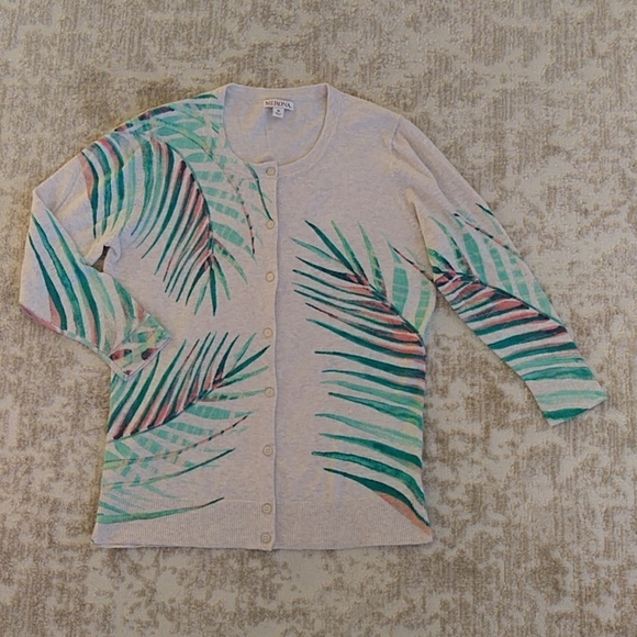 Merona Tropical Palm Leaf Print Heathered Button Up Cardigan Sweater MEDIUM Tan - Picture 9 of 15